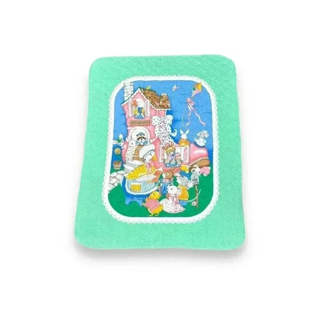 Vintage Mother Goose Nursery Rhyme Baby Blanket Green OS Excellent Quilted